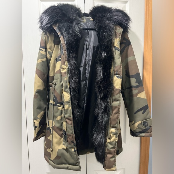 Black Faux Fur Trim Hood Army Camouflage Coat - Picture 9 of 14